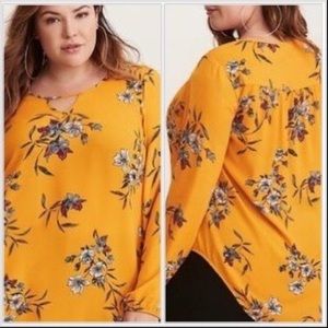 Torrid Georgette Mustard Yellow Floral Print Long Sleeve Keyhole Blouse